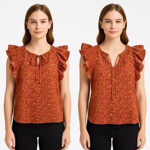 Aureum Women's Floral Ruffle Top Boho Style Size L 100% ‎ Rust/Orange